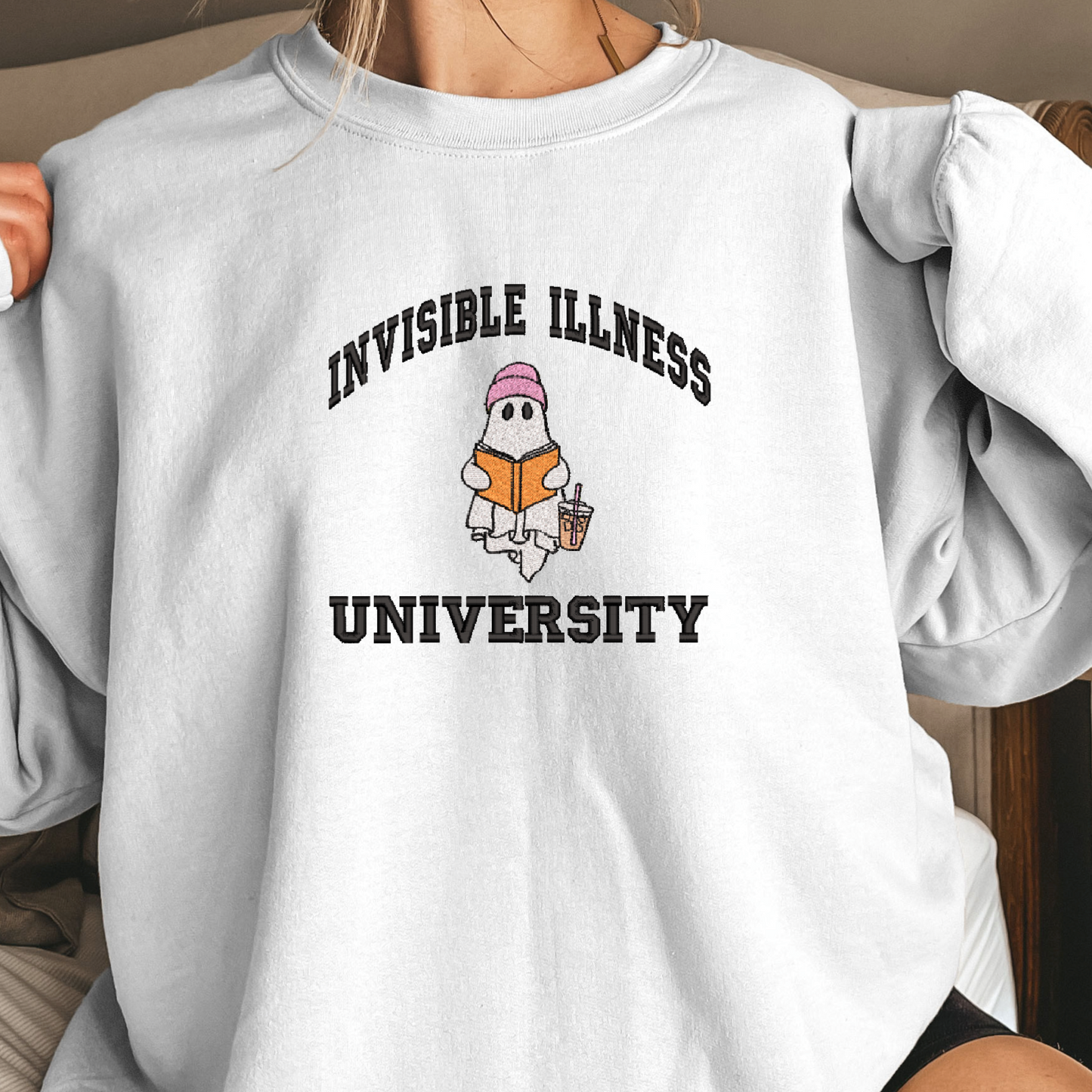 Embroidered Invisible Illness University (white L, pink hat) perfect condition