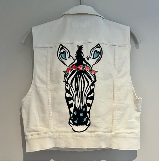 Hand Painted Floral Zebra Jean Jacket Vest